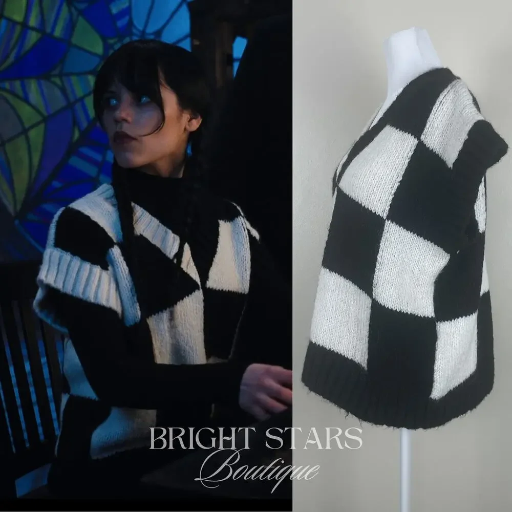 Rare Checkerboard Sweater Vest ASO Wednesday Addams Black White Cosplay